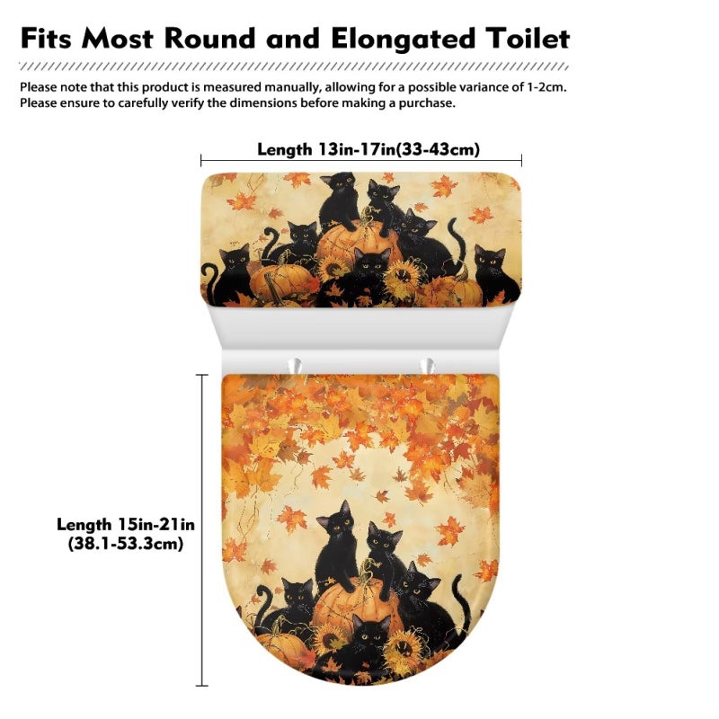 GLENLCWE Toilet Lid Seat Cover Set Black Cat Print, Thanksgiving Universal Fit for Standard Toilet Lids Tank Seats Cover Round Home Decor Fall Decorations - Image 3